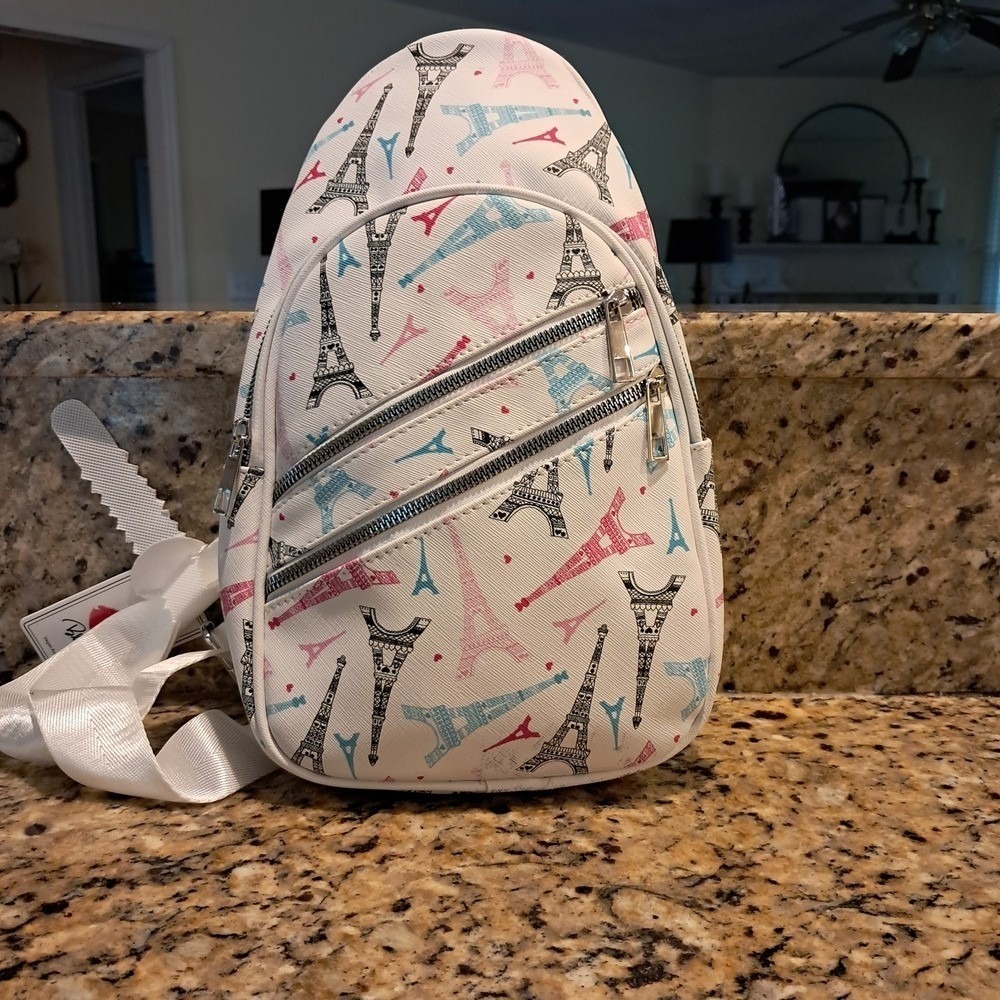 NWT White, Pink and Teal Blue Paris Crossbody Shoulder Bag with Adjustable Strap